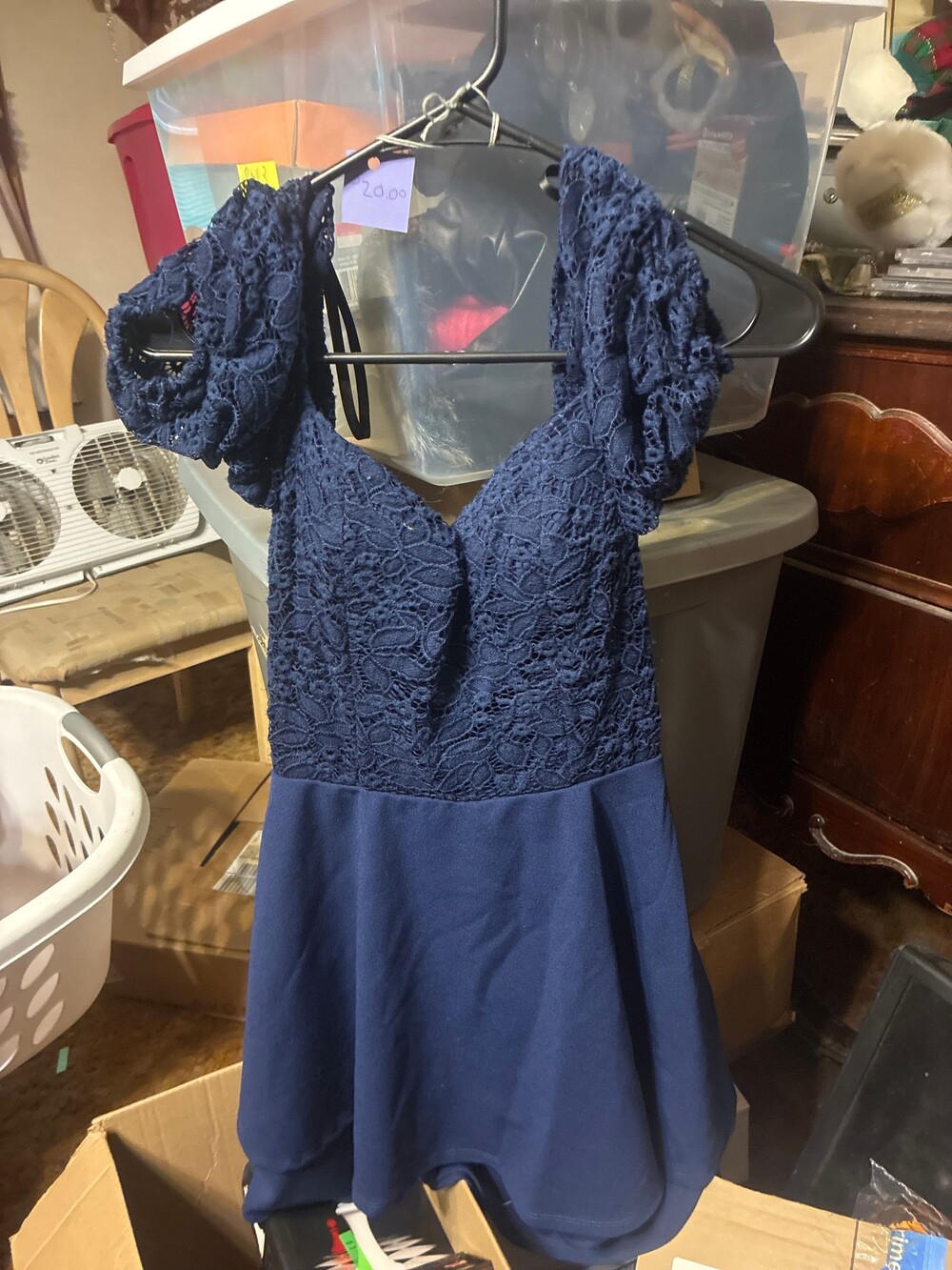Navy Blue Lace Dress with Puff Sleeves and V Neckline
